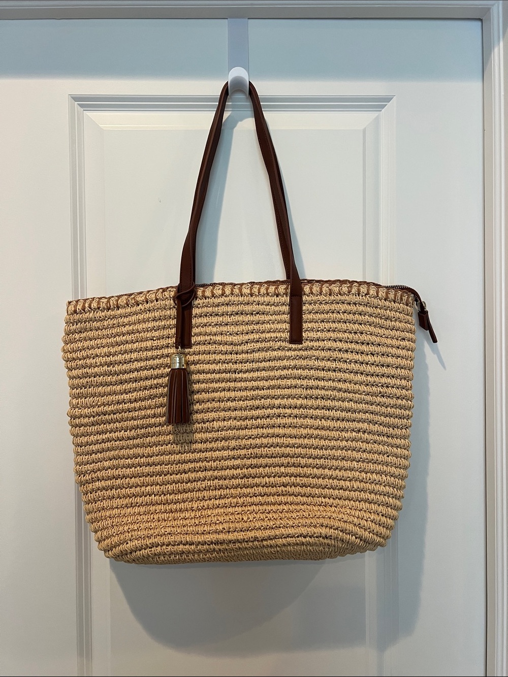 Talbots Faux Leather Trim Zip Top Paper Straw Tote